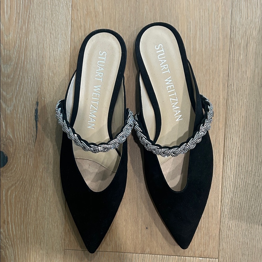 Stuart Weitzman Black Suede Pointed Toe Mules with Braided Crystal Strap